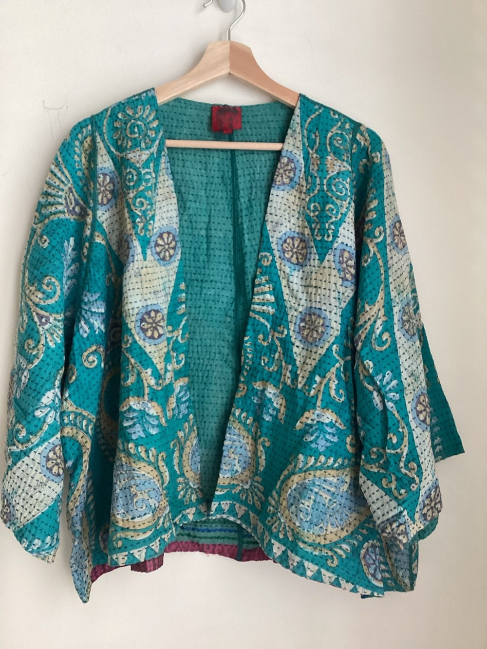 Mieko Mintz Kantha Jacket Size 1  Teal Paisley Cotton Artisan Art To Wear